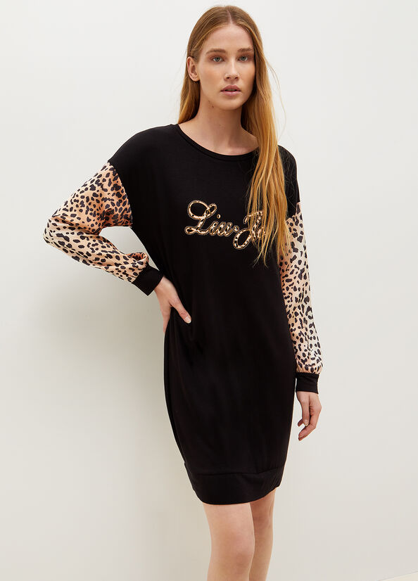 Black Liu Jo Jersey With Animal Print And Logo Women's Dress | HDJ-627481