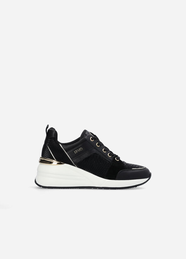 Black Liu Jo Leather With Wedge Women's Sneakers | PTI-274931