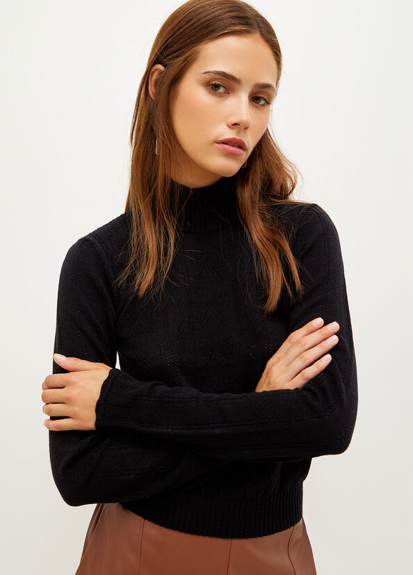 Black Liu Jo Mock Turtleneck With Penwork Pattern Women's Sweaters | ATE-416873