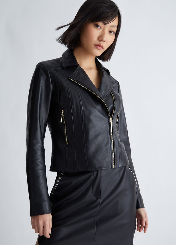 Black Liu Jo Nappa Leather Biker Women's Jackets | FPL-765814