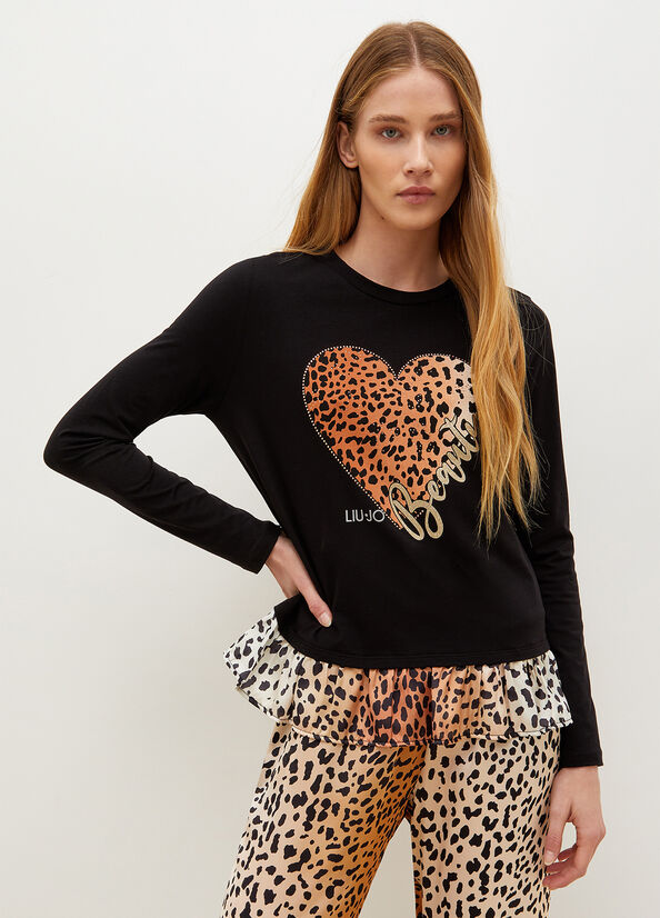 Black Liu Jo With Animal-Print Heart Women's T Shirts | GXB-476932