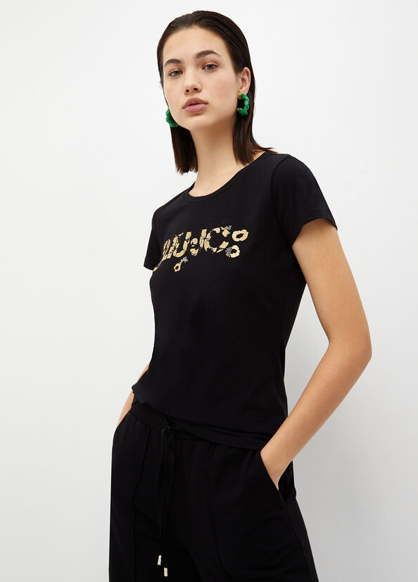 Black Liu Jo With Logo And Gemstones Women's T Shirts | LDY-504829