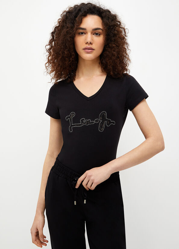 Black Liu Jo With Logo And Gemstones Women's T Shirts | RGT-176095