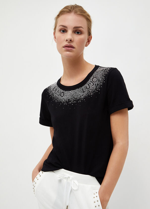 Black Liu Jo With Rhinestones Women's T Shirts | HEB-839701