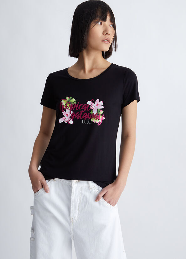 Black Liu Jo With Tropical Print Women's T Shirts | DFZ-435290