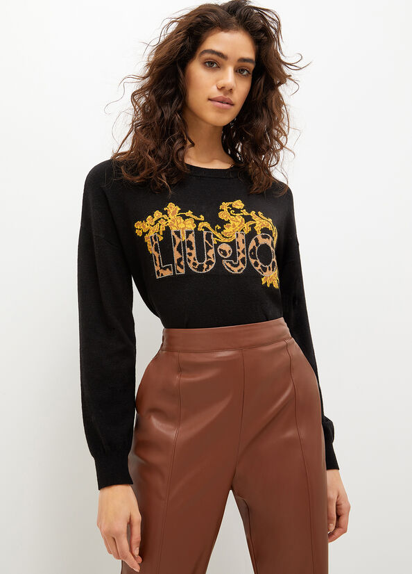 Black / Yellow Liu Jo Wool And Cotton With Animal Print Logo Women's Sweaters | RIV-801394