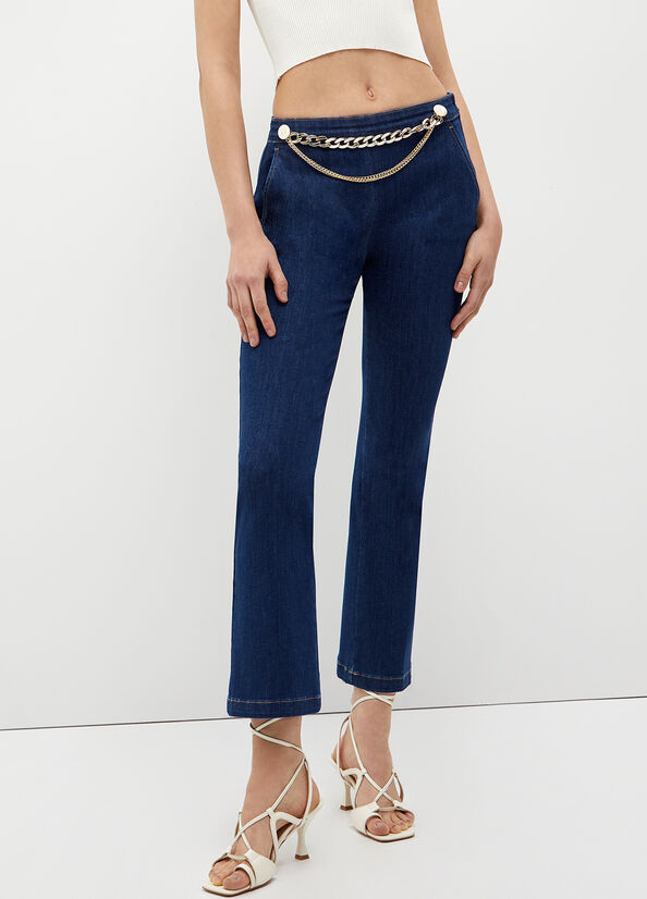 Blue Liu Jo Cropped With Jewel Accessory Women's Straight-Fit Jeans | DCY-197423