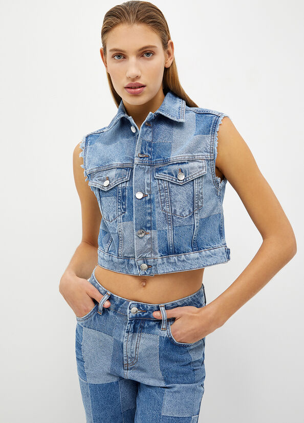 Blue Liu Jo Patchwork Denim Gilet Women's Jackets | FIT-491527