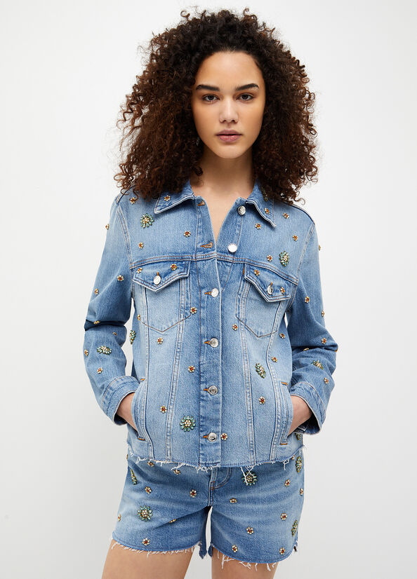 Dark Blue Liu Jo Denim With Rhinestones Women's Jackets | DGP-627138