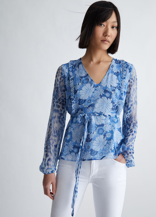 Dark Blue Liu Jo Floral Crepon Blouse Women's Shirts | QFA-514609