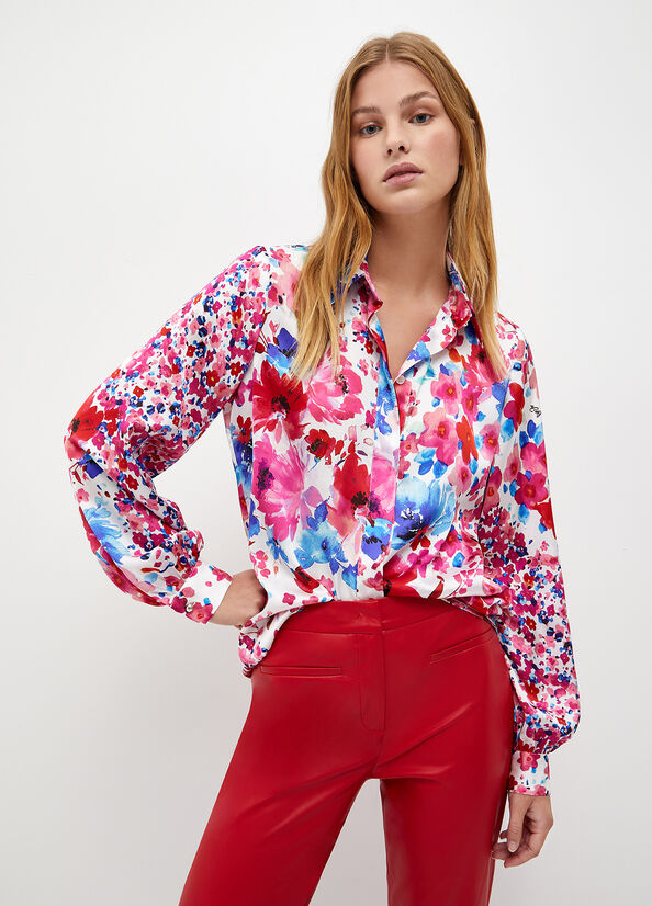 Fuchsia Liu Jo Floral Satin Women's Shirts | BHQ-539842