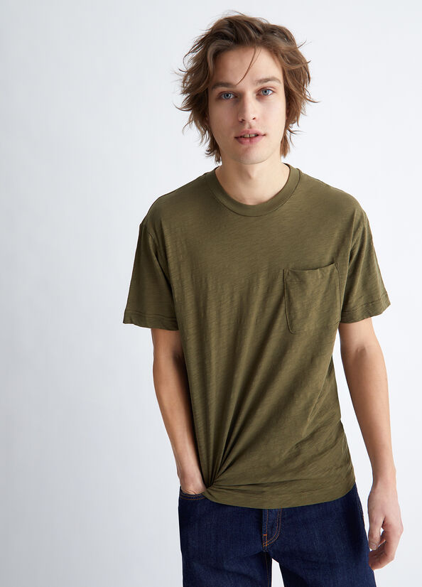 Green Liu Jo Slub Cotton Men's T Shirts | OZE-794025