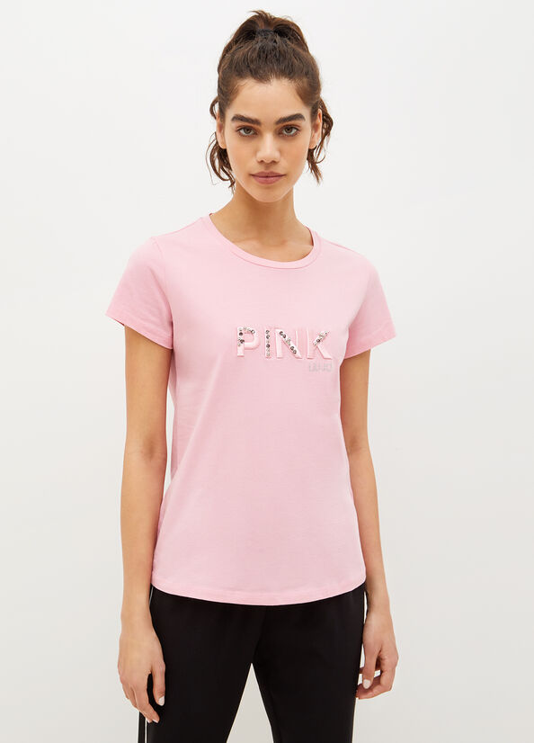 Pink Liu Jo Eco-Friendly With Gemstones Women's T Shirts | KBI-267591