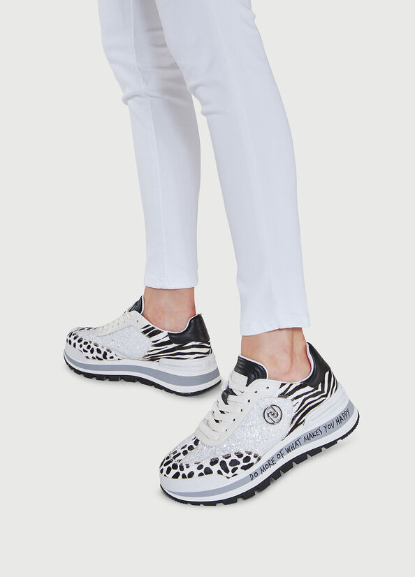 White / Black Liu Jo Glitter With Animal-Print Women's Sneakers | QKE-537068