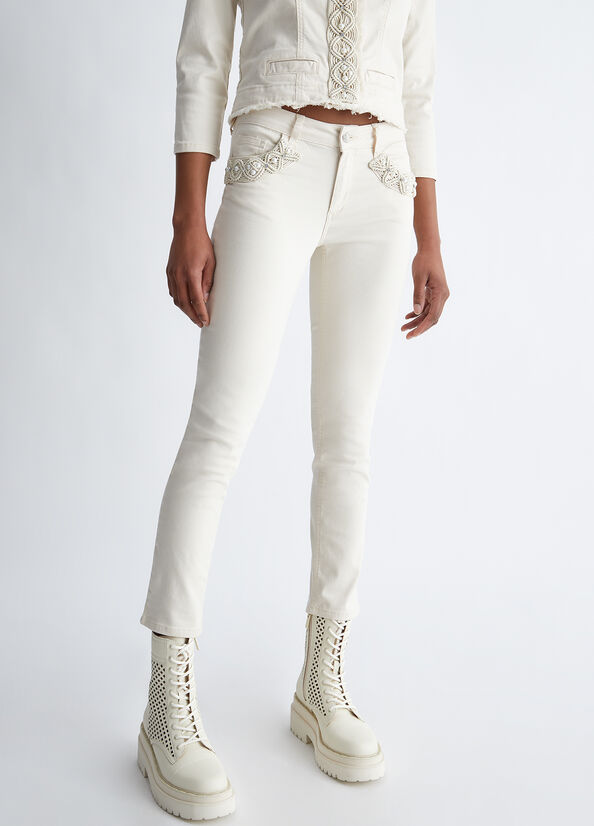 White Liu Jo Bottom Up With Pearls Women's Pants | IMQ-267508