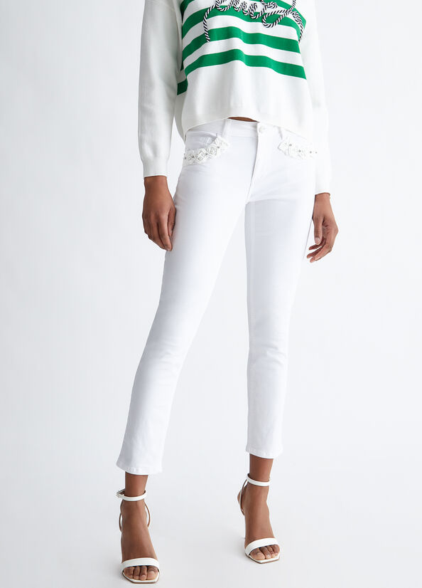 White Liu Jo Bottom Up With Pearls Women's Pants | KLO-913726