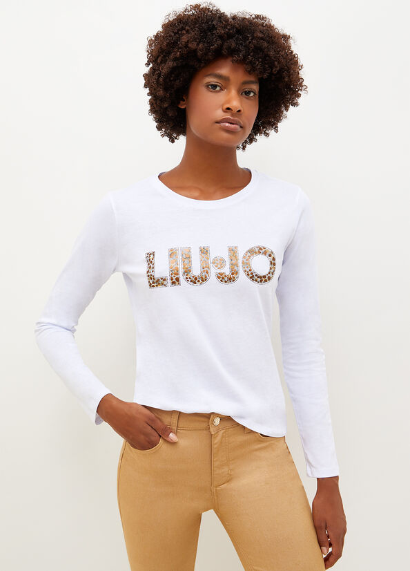 White Liu Jo Cotton With Logo Women's T Shirts | URO-736029