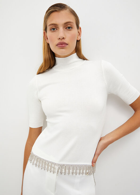 White Liu Jo Mock Turtleneck With Jewel Fringes Women's Sweaters | HVZ-065918