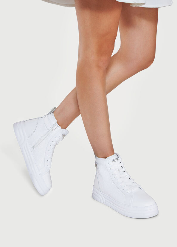 White Liu Jo Monogram Leather Basketball Women's Sneakers | VCE-861075