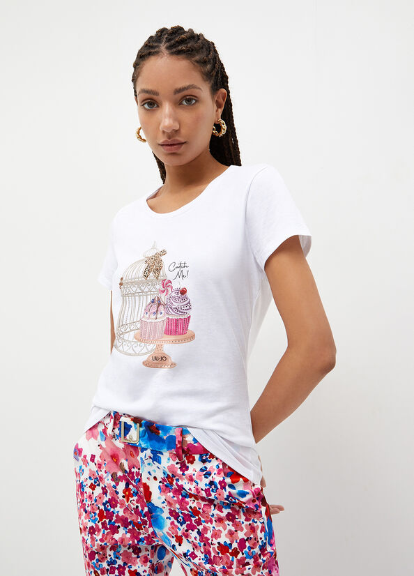 White Liu Jo With Cage & Cupcake Print Women's Tops | CAU-165048