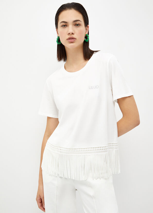 White Liu Jo With Fringes Women's T Shirts | XPI-795321