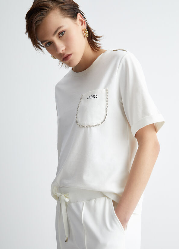 White Liu Jo With Pocket And Rhinestones Women's T Shirts | PNV-748529